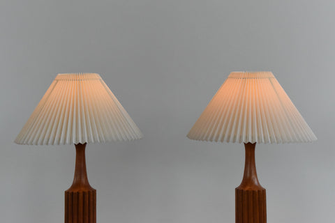 Vintage Pair of Scolloped Teak Table Lamps with New White Pleated Lampshades