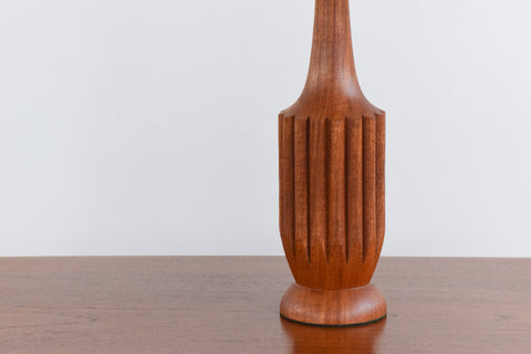 Vintage Pair of Scolloped Teak Table Lamps with New White Pleated Lampshades