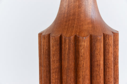 Vintage Pair of Scolloped Teak Table Lamps with New White Pleated Lampshades