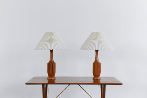 Vintage Pair of Scolloped Teak Table Lamps with New White Pleated Lampshades