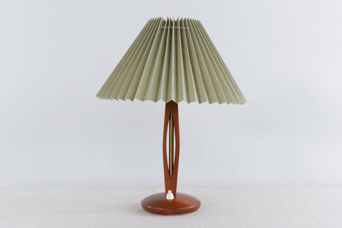 Vintage Pair of Teak and Brass Table Lamps with New Sage Green Pleated Lampshades