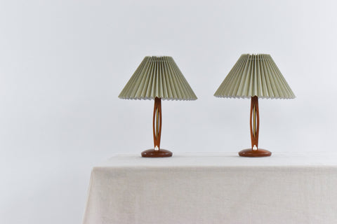 Vintage Pair of Teak and Brass Table Lamps with New Sage Green Pleated Lampshades
