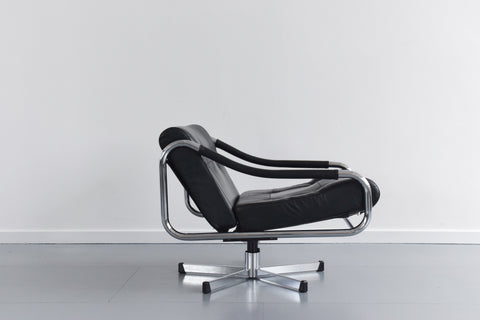 Vintage Pieff Beta - Kadia Black Leather and Chrome Tubular Swivel Arm Chair