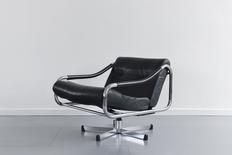 Vintage Pieff Beta - Kadia Black Leather and Chrome Tubular Swivel Arm Chair