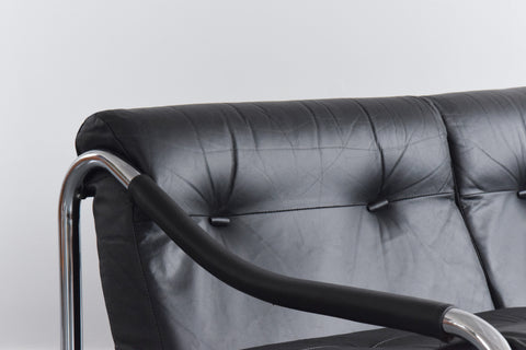 Vintage Rare Pieff Kadia Black Leather and Chrome Three Seater Sofa by Tim Bates