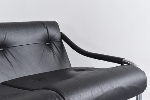 Vintage Rare Pieff Kadia Black Leather and Chrome Three Seater Sofa by Tim Bates