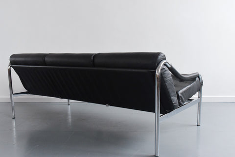 Vintage Rare Pieff Kadia Black Leather and Chrome Three Seater Sofa by Tim Bates
