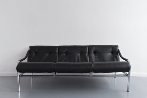 Vintage Rare Pieff Kadia Black Leather and Chrome Three Seater Sofa by Tim Bates