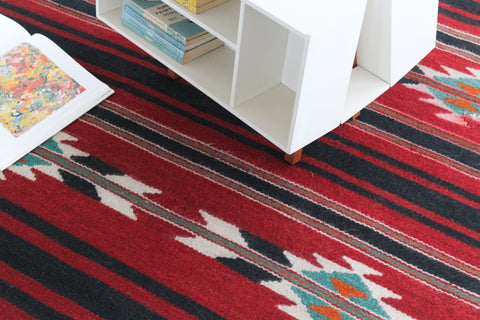 Vintage Red and Black Patterned Aztec Flat Weave Wool Rug
