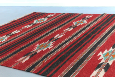 Vintage Red and Black Patterned Aztec Flat Weave Wool Rug