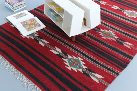 Vintage Red and Black Patterned Aztec Flat Weave Wool Rug