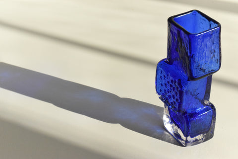 Vintage Reproduction 1970s Blue Drunken Brick Layers Vase in the Style of Geoffrey Baxter for Whitefriars