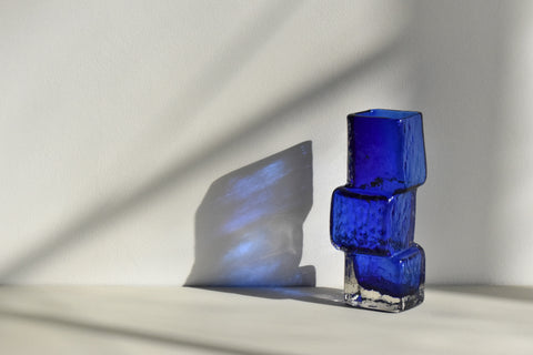 Vintage Reproduction 1970s Blue Drunken Brick Layers Vase in the Style of Geoffrey Baxter for Whitefriars