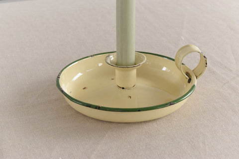 Vintage Rustic Cream and Green Enamel Candle Holder