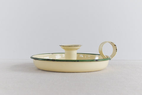 Vintage Rustic Cream and Green Enamel Candle Holder