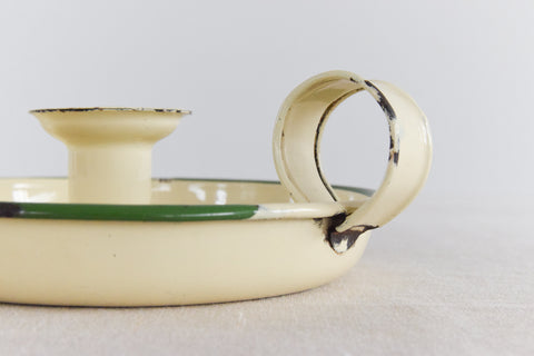 Vintage Rustic Cream and Green Enamel Candle Holder