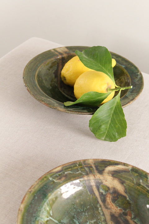 Vintage Rustic Pair of Green Ceramic Studio Pottery Bowls