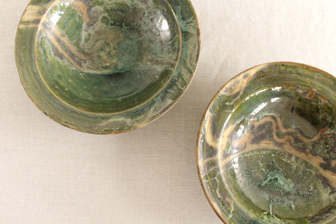 Vintage Rustic Pair of Green Ceramic Studio Pottery Bowls