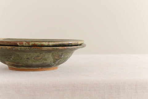 Vintage Rustic Pair of Green Ceramic Studio Pottery Bowls