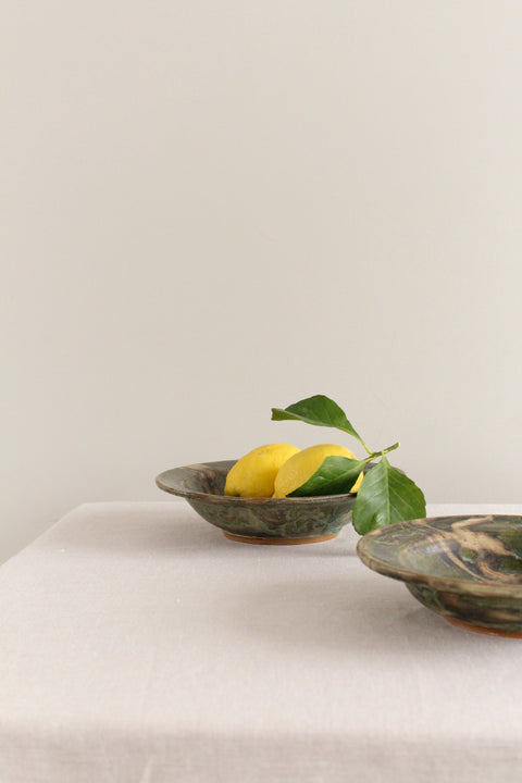 Vintage Rustic Pair of Green Ceramic Studio Pottery Bowls