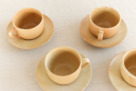 Vintage Set of 4 French Stoneware Tea Cups and Saucers
