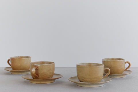 Vintage Set of 4 French Stoneware Tea Cups and Saucers