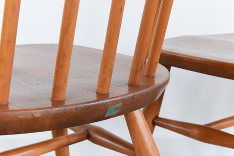 Vintage Set of 4 Ercol Light Elm Quaker Back Windsor Dining Chairs No.365