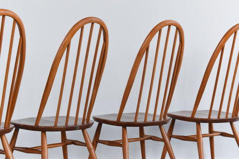 Vintage Set of 4 Ercol Light Elm Quaker Back Windsor Dining Chairs No.365