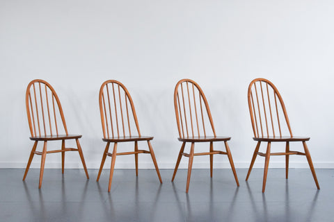 Vintage Set of 4 Ercol Light Elm Quaker Back Windsor Dining Chairs No.365