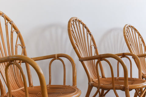 Vintage Set of Four Wicker/Rattan/Bamboo Arm Chairs
