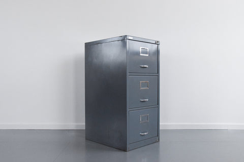 Vintage Metal Three Drawer Blue/Grey Metal Filing Cabinet