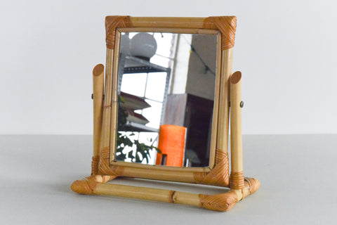 Vintage Small Bamboo Framed Adjustable Table Top Vanity Mirror