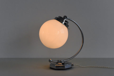Vintage Small Chrome Art Deco Table Lamp with White Glass Opaline Shade