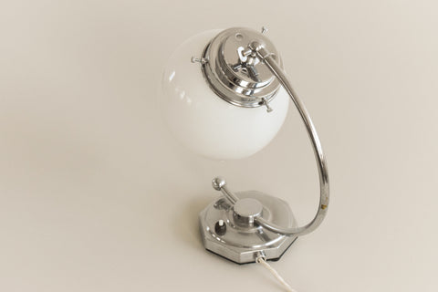 Vintage Small Chrome Art Deco Table Lamp with White Glass Opaline Shade