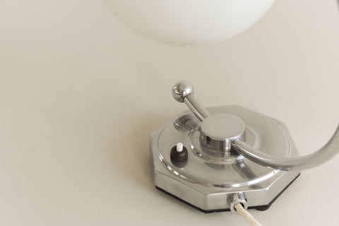 Vintage Small Chrome Art Deco Table Lamp with White Glass Opaline Shade