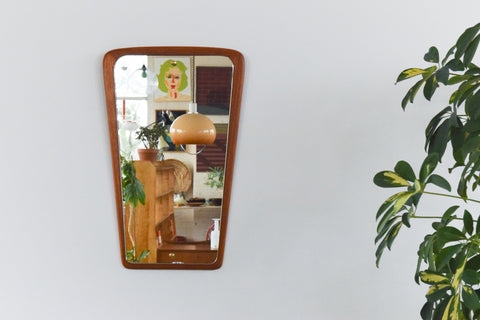 Vintage Small Teak Curved Float Mounted Wall Mirror