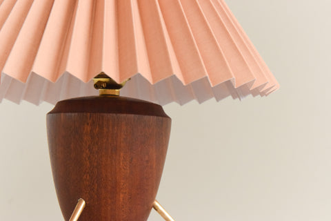 Vintage Small Teak and Brass Tripod Table Lamp with New Terracotta Pleated Shade