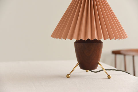 Vintage Small Teak and Brass Tripod Table Lamp with New Terracotta Pleated Shade