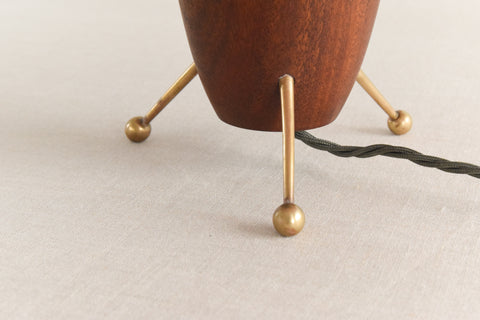 Vintage Small Teak and Brass Tripod Table Lamp with New Terracotta Pleated Shade