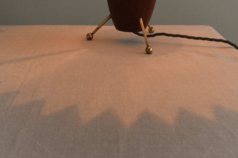 Vintage Small Teak and Brass Tripod Table Lamp with New Terracotta Pleated Shade