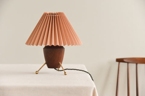 Vintage Small Teak and Brass Tripod Table Lamp with New Terracotta Pleated Shade