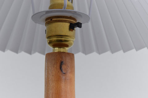 Vintage Small Wooden Table Lamp with New White Pleated Lampshade