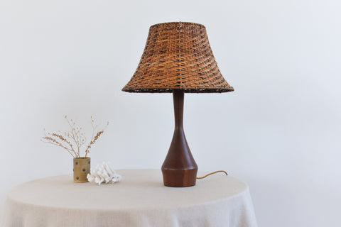 Vintage Teak Table Lamp with Natural Rattan Shade