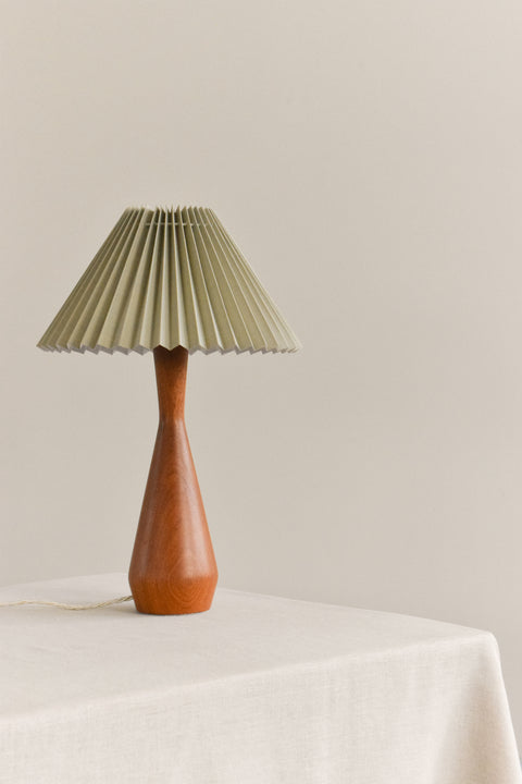 Vintage Teak Table Lamp with New Sage Green Pleated Lampshade