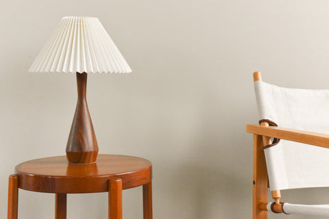 Vintage Teak Table Lamp with New White Pleated Lampshade