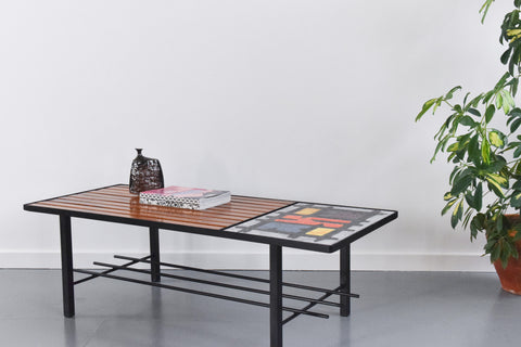 Vintage Coffee Table with Metal Frame and Tiled and Wooden Top