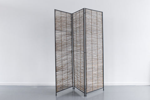 Vintage Tubular Metal and Cane / Wicker Three Panel Screen / Room Divider
