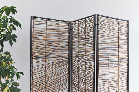 Vintage Tubular Metal and Cane / Wicker Three Panel Screen / Room Divider