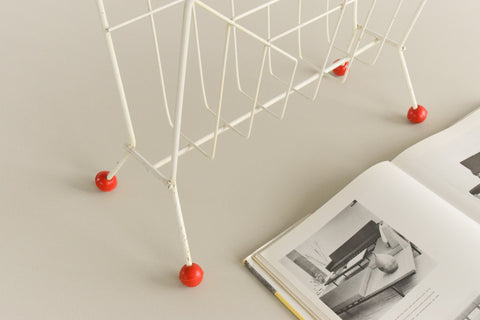 Vintage White and Red Atomic Wire Magazine Rack