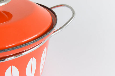 Vintage 1960s Arne Clausen for Cathrineholm Orange/Red and White Lotus Design Enamel Casserole Pan